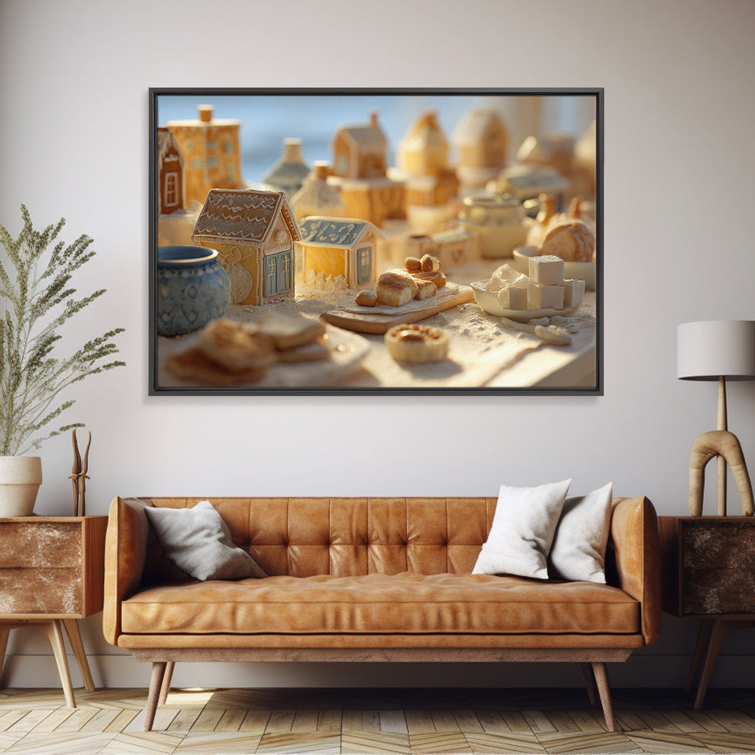 Gingerbread Houses in Charming Folk Art Style Canvas Print, Bakery Art, Digital Download Art, Bakery Decor, Patisserie, BAK-3x2-66