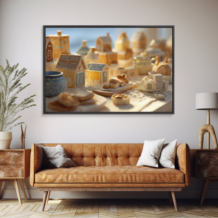 Gingerbread Houses in Charming Folk Art Style Canvas Print, Bakery Art, Digital Download Art, Bakery Decor, Patisserie, BAK-3x2-66