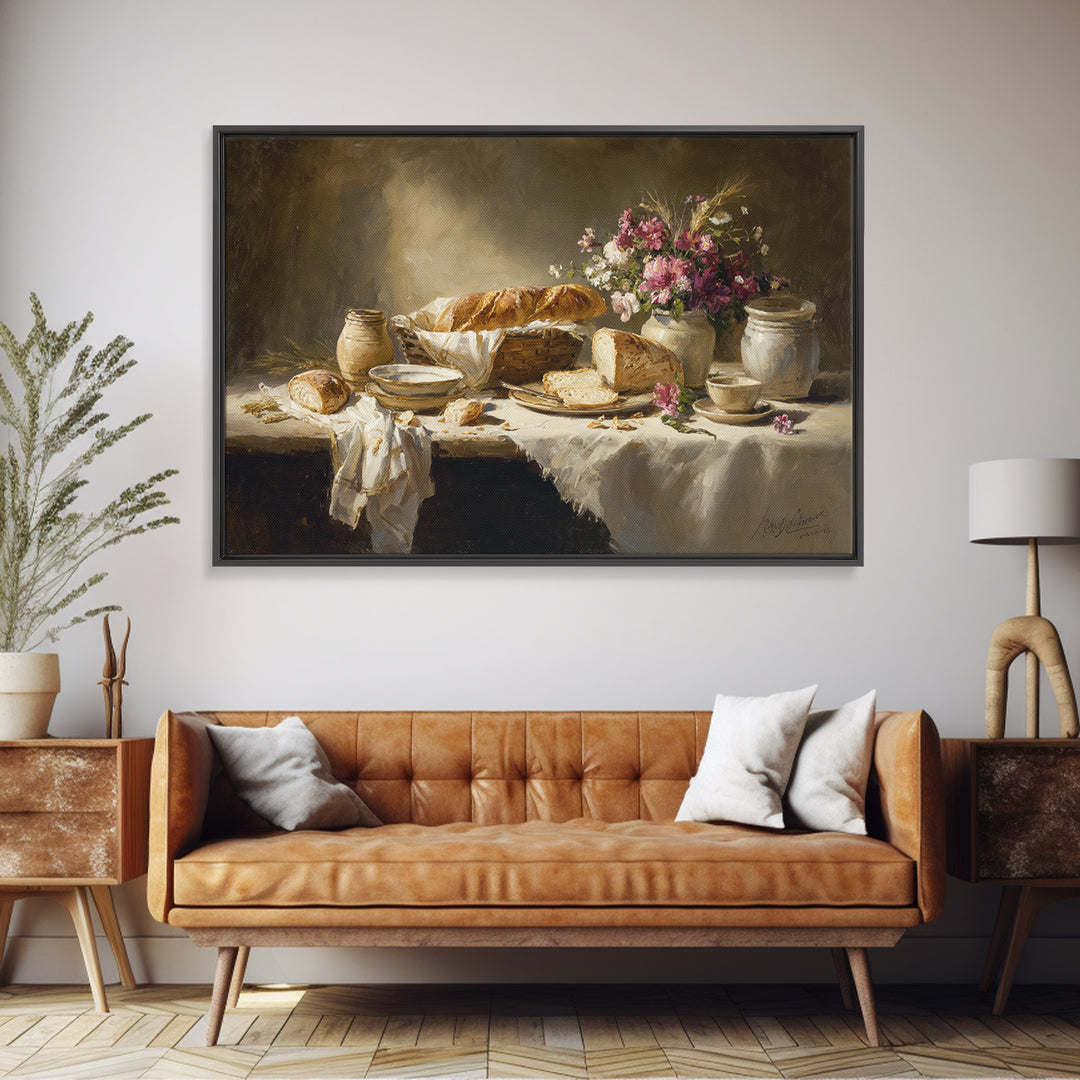 French Market Basket Filled Framed Canvas Print, Bakery Art, Kitchen Art Print, Bakery Decor, Patisserie, Modern Decor, BAK-3x2-70