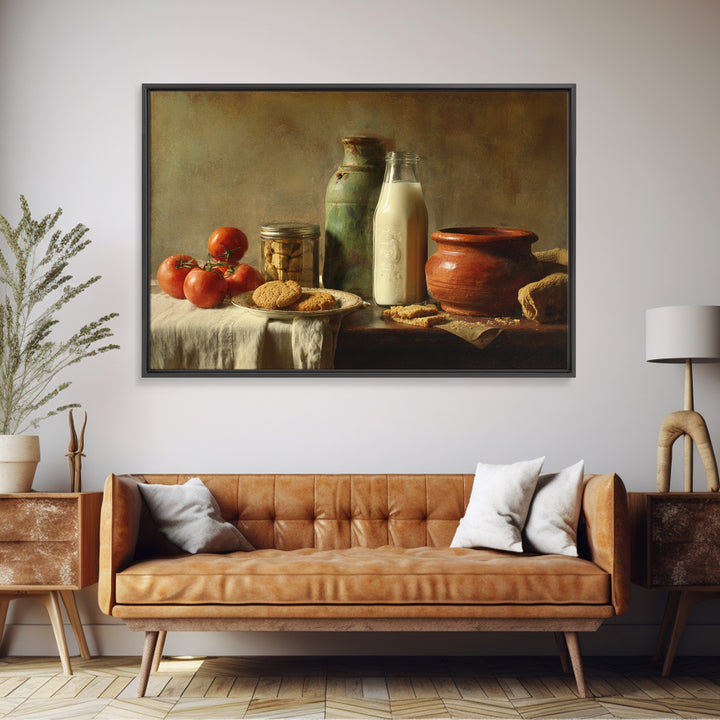 Milk Bottle and Cookies Nostalgic Still Life Framed Canvas Print, Bakery Art, Watercolor Print, Bakery Decor, Oil Painting, BAK-3x2-74