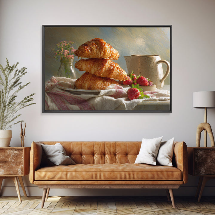 Buttery Croissants Stacked on Striped Linen Framed Canvas Print, Bakery Art, Room Decor, Bakery Decor, Abstract Art, Patisserie, BAK-3x2-77