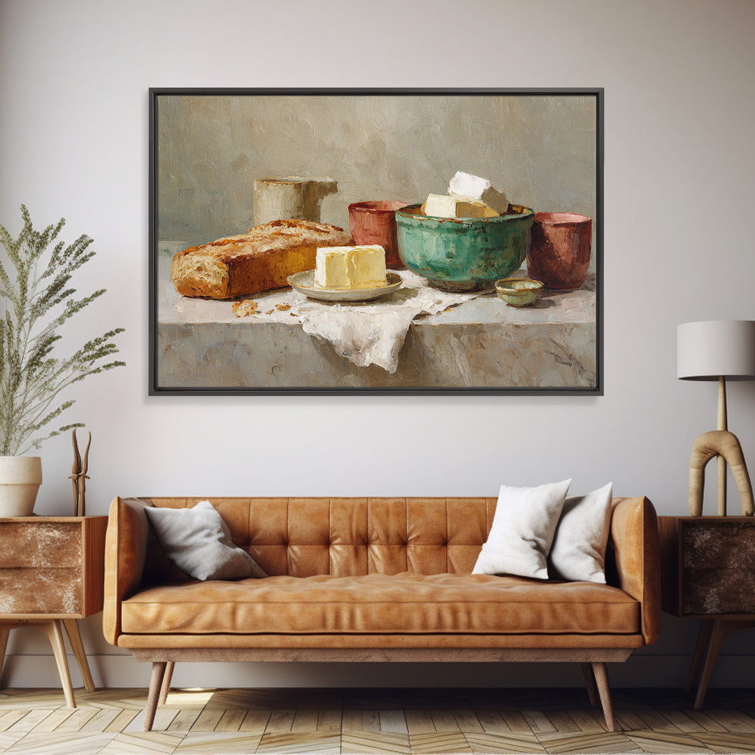 Baguette and Butter Still Life on Marble Canvas Print, Bakery Art, Wall Decor, Bakery Decor, Patisserie, Kitchen Prints, BAK-3x2-84