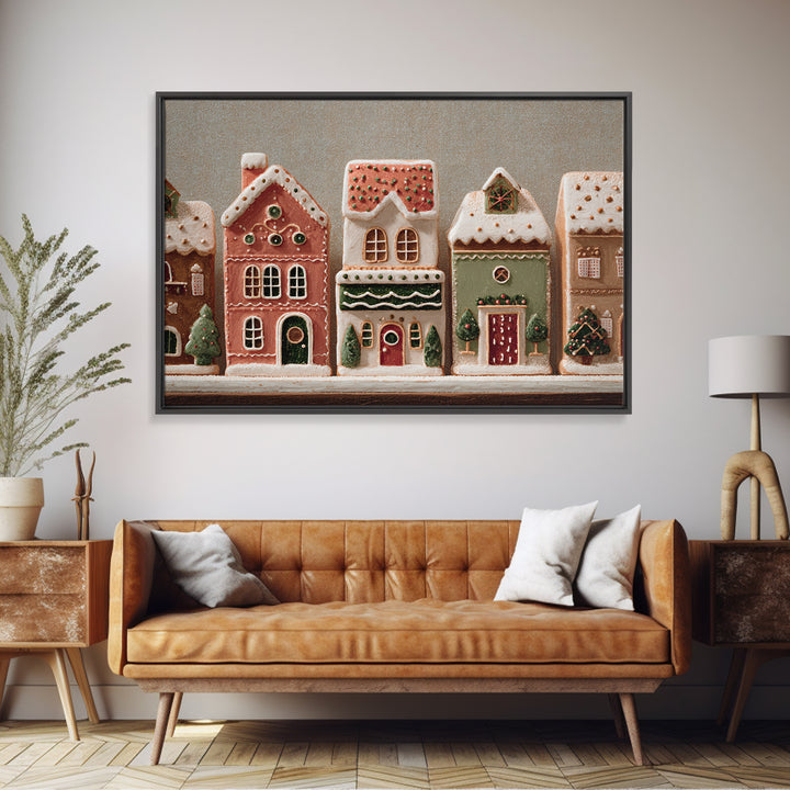 Gingerbread Houses in Charming Folk Art Style Framed Canvas Print, Bakery Art, Whimsical Wall Art, Bakery Decor, Patisserie, BAK-3x2-90