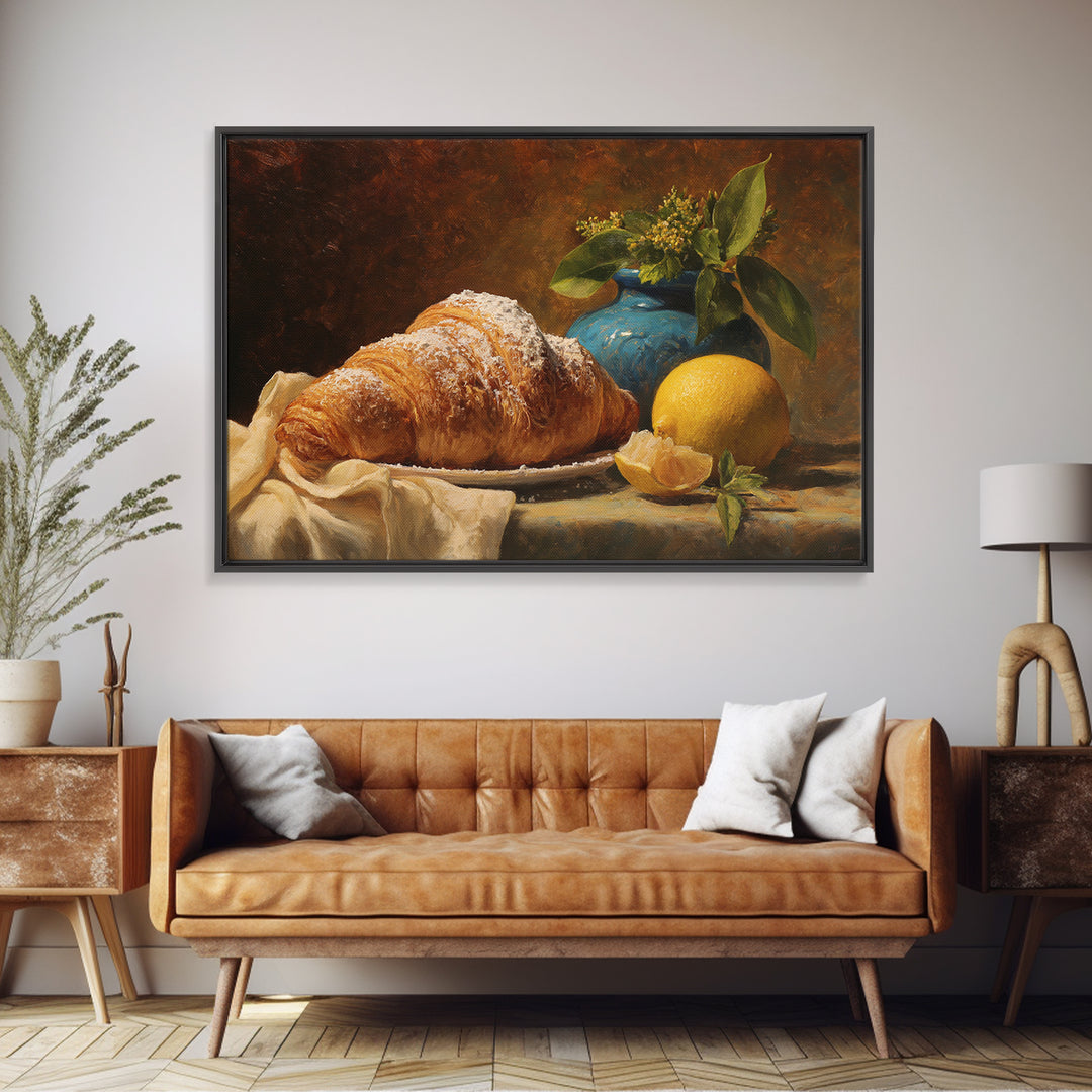 Almond Croissant Closeup Framed Canvas Print, Bakery Art, Kitchen Prints, Bakery Decor, Oil Painting, Patisserie, Fine Art, BAK-3x2-91