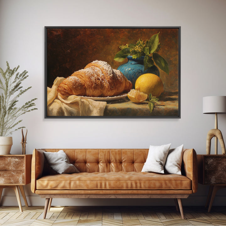 Almond Croissant Closeup Framed Canvas Print, Bakery Art, Kitchen Prints, Bakery Decor, Oil Painting, Patisserie, Fine Art, BAK-3x2-91