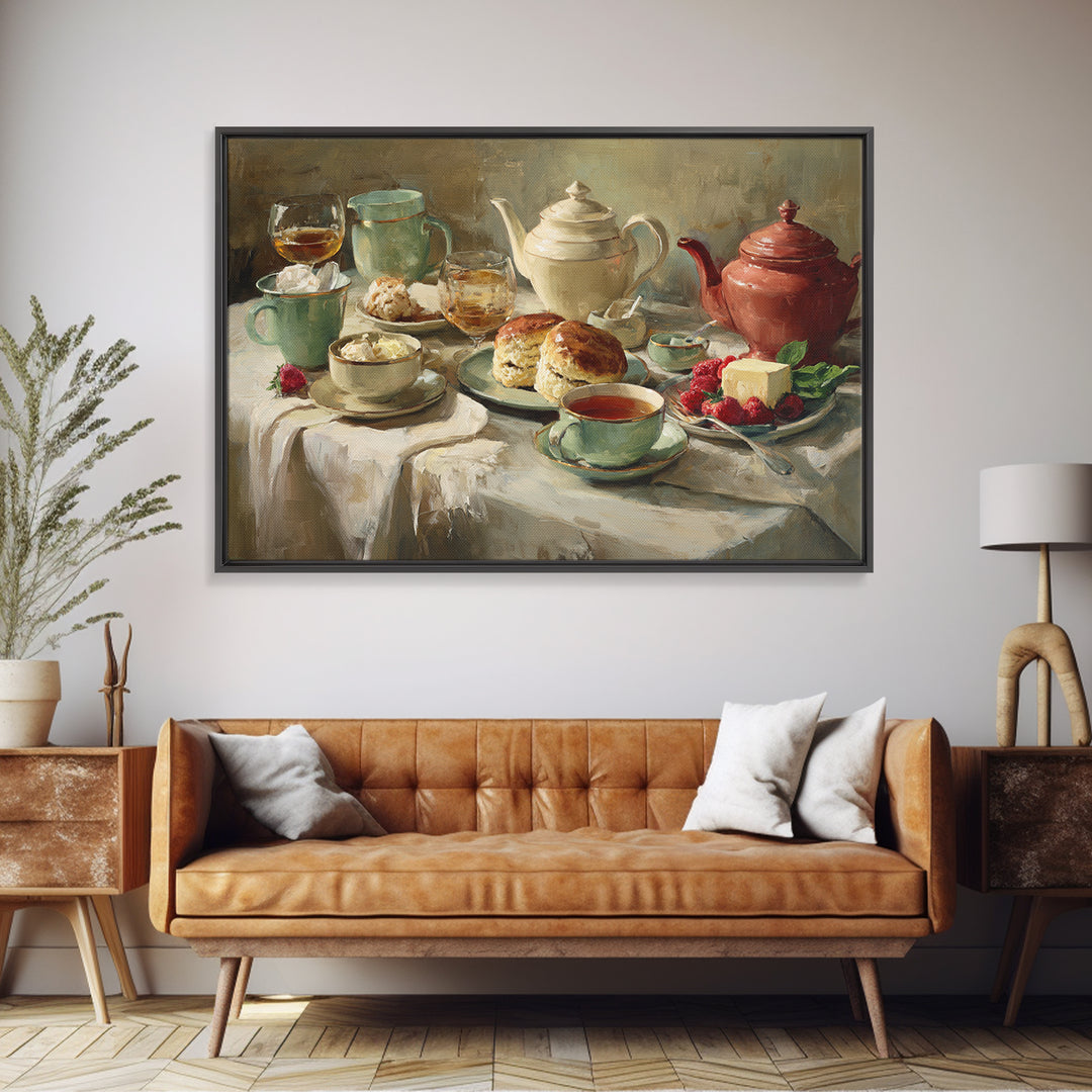 Tea and Scone Arrangement Framed Canvas Print, Bakery Art, Printable Wall Art, Bakery Decor, Patisserie, Coffee Wall Art, BAK-3x2-96