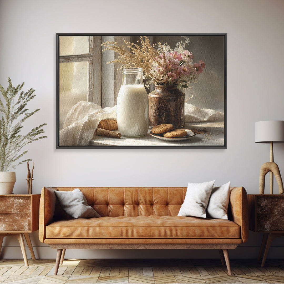 Milk Bottle and Cookies Nostalgic Still Life Canvas Print, Bakery Art, Fine Art, Bakery Decor, Patisserie, Textured Painting, BAK-3x2-98