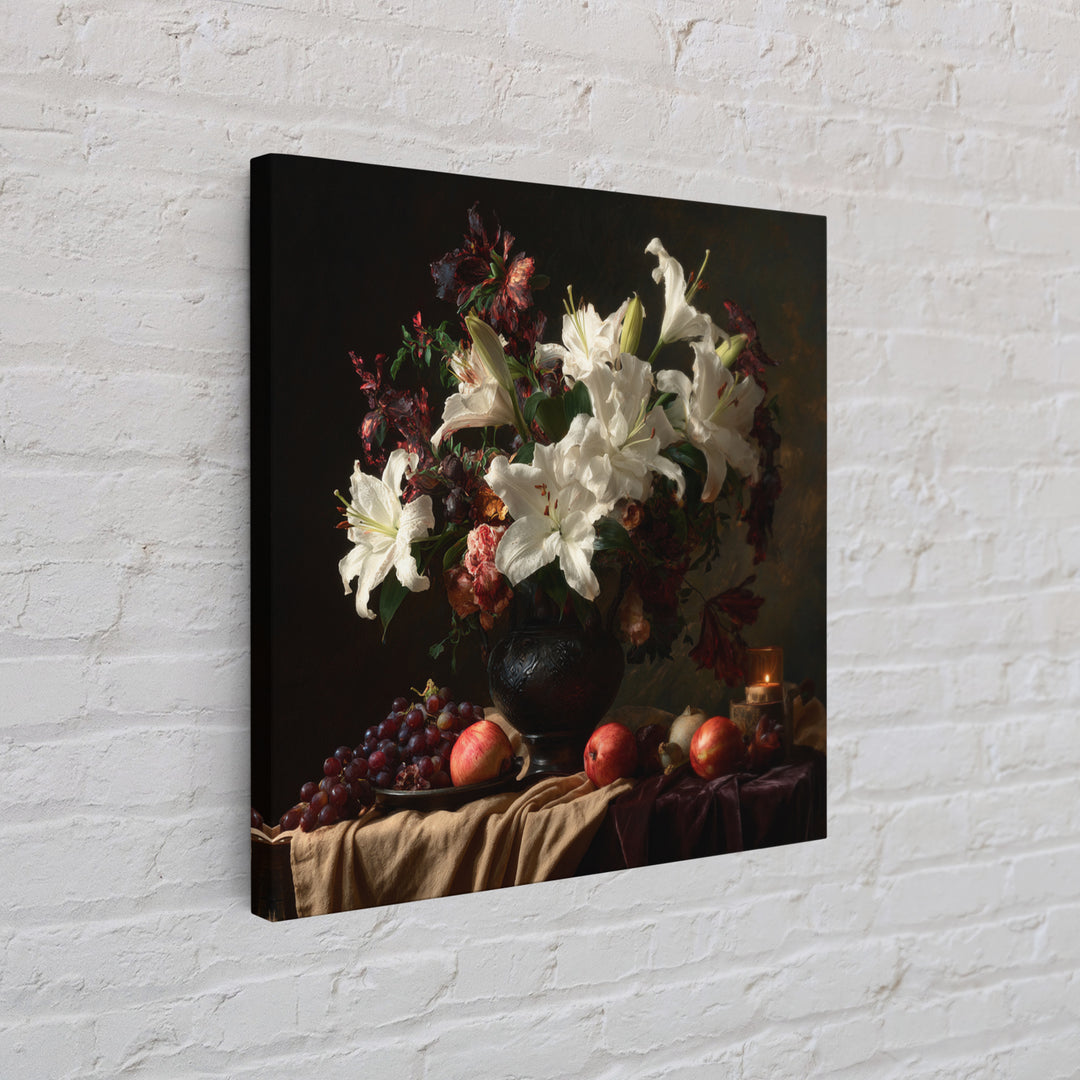 Dramatic White Lilies Framed Canvas Print, Baroque Art, Painting, Living Room Decor, Fine Art, Ornate, Living Room Wall Art, BAO-1x1-12