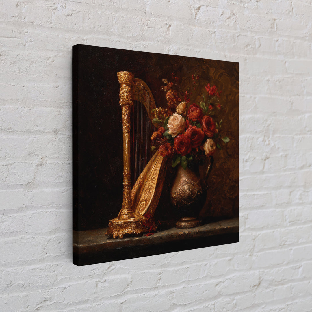 Golden Harp and Roses Canvas Print, Baroque Art, Printable Art, Living Room Decor, Ornate, Gallery Wall, Dark Academia Art, BAO-1x1-18