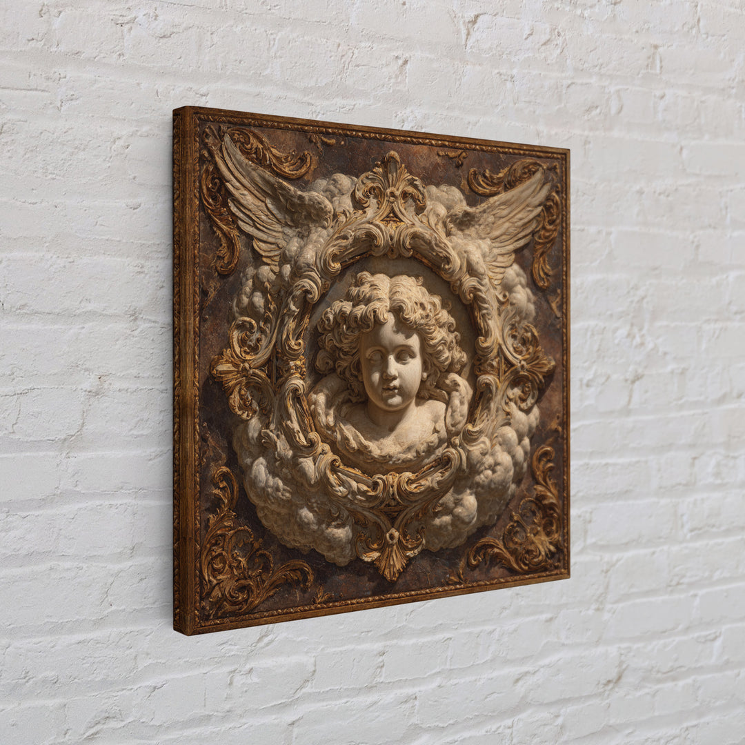 Ornate Cherub Figure Surrounded by Clouds and Framed Canvas Print, Baroque Art, Whimsical Decor, Living Room Decor, Ornate, BAO-1x1-2