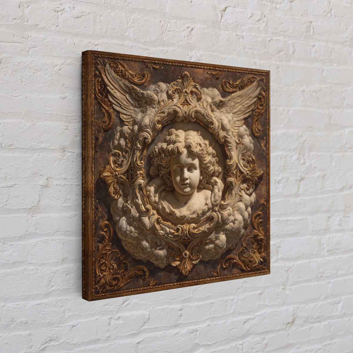 Ornate Cherub Figure Surrounded by Clouds and Framed Canvas Print, Baroque Art, Whimsical Decor, Living Room Decor, Ornate, BAO-1x1-2