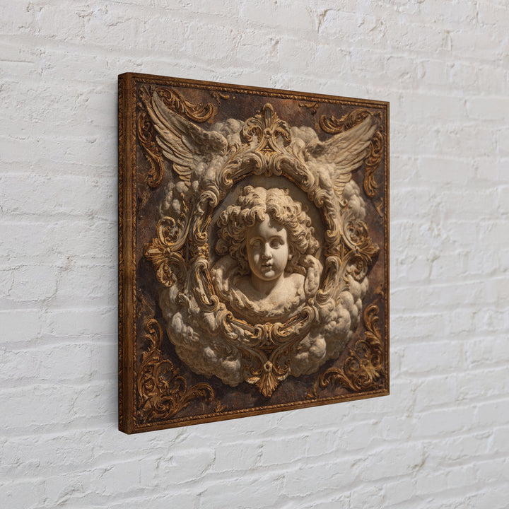 Ornate Cherub Figure Surrounded by Clouds and Framed Canvas Print, Baroque Art, Whimsical Decor, Living Room Decor, Ornate, BAO-1x1-2