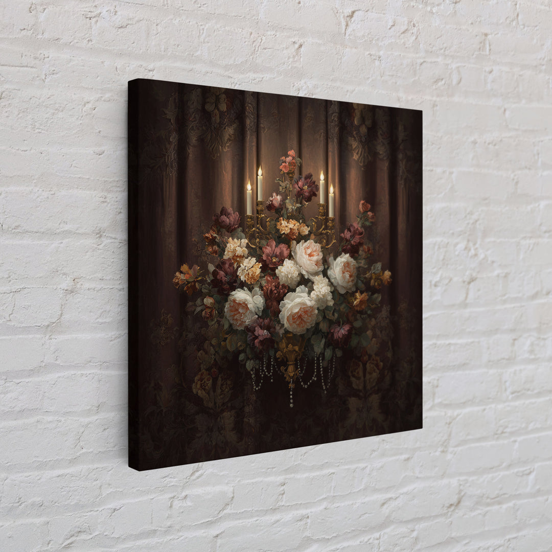 Velvet Drapery with Pearls Flowers and Candlelight Canvas Print, Baroque Art, 3d Wall Art, Living Room Decor, Ornate, BAO-1x1-27