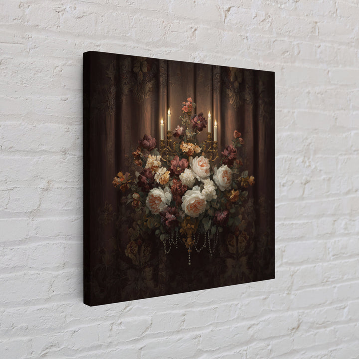 Velvet Drapery with Pearls Flowers and Candlelight Canvas Print, Baroque Art, 3d Wall Art, Living Room Decor, Ornate, BAO-1x1-27