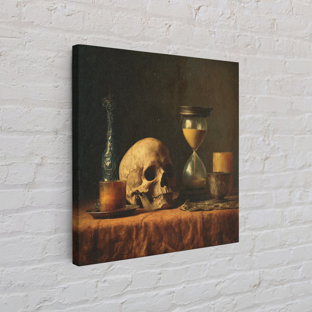 Skull and Hourglass Vanitas Still Life Framed Canvas Print, Baroque Art, Dark Academia Art, Living Room Decor, Fine Art, Ornate, BAO-1x1-29