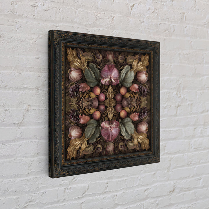 Ornate Gold Frame Illusion Around a Botanical Framed Canvas Print, Baroque Art, Maximalist Decor, Living Room Decor, Ornate, BAO-1x1-33