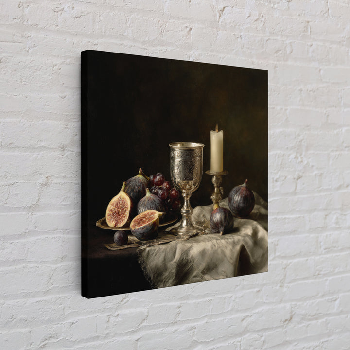Candlelit Table with Silver Goblet and Figs Canvas Print, Baroque Art, Room Decor Aesthetic, Living Room Decor, Ornate, BAO-1x1-37