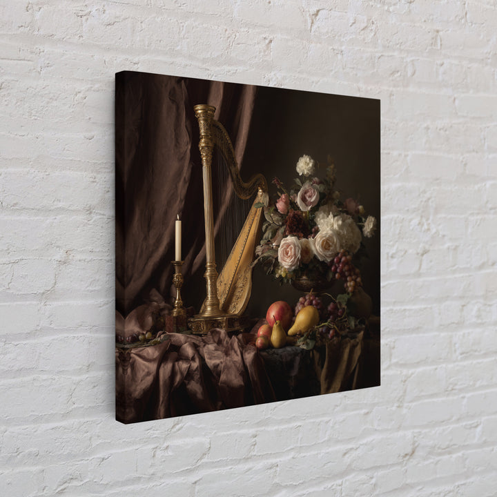 Golden Harp and Roses Framed Canvas Print, Baroque Art, Modern Wall Art, Living Room Decor, Abstract Art, Ornate, Feminist Art, BAO-1x1-42