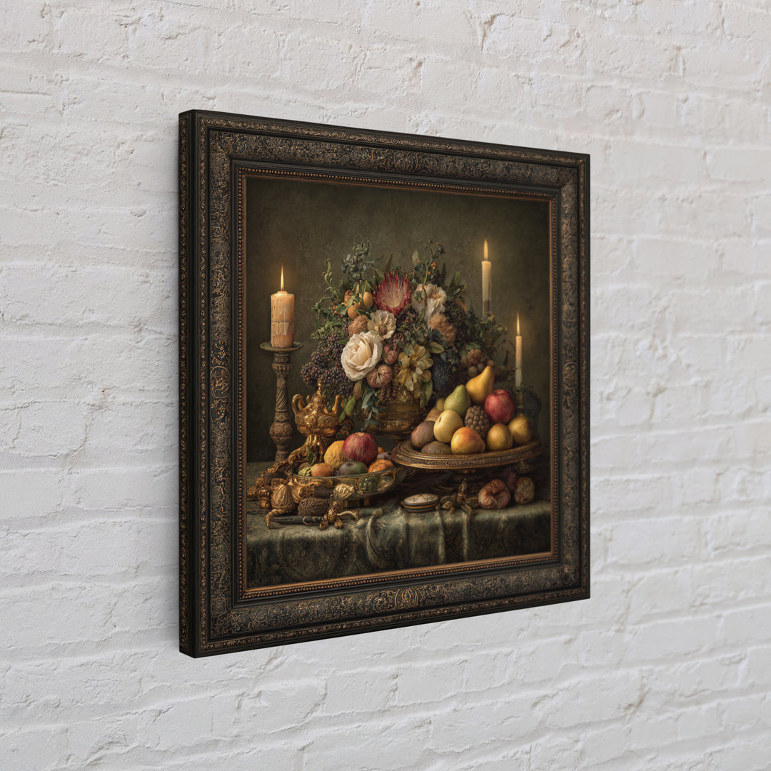 Lavish Banquet Fruit Composition Framed Canvas Print, Baroque Art, Whimsical Decor, Living Room Decor, Fine Art, Ornate, BAO-1x1-44