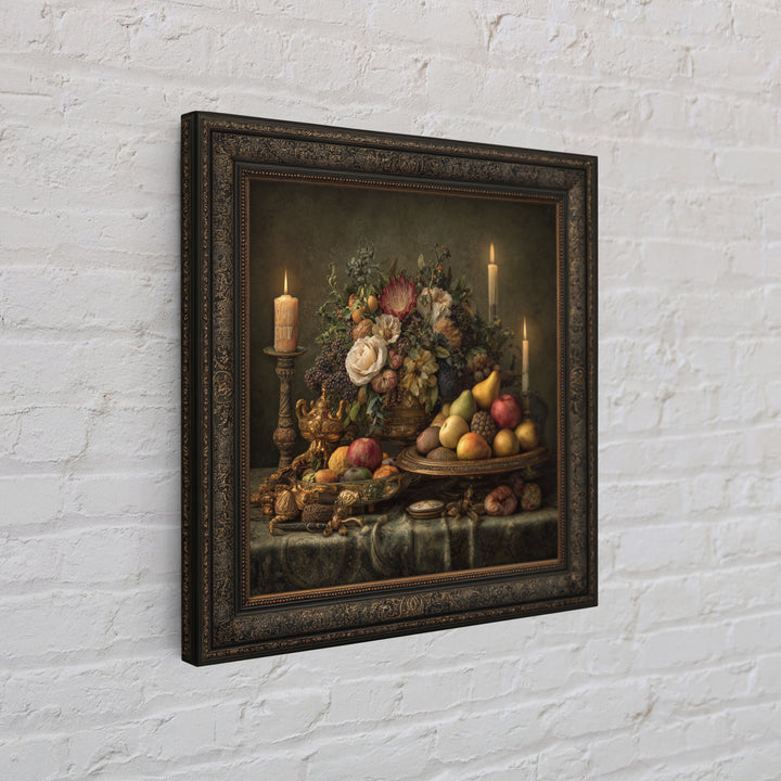 Lavish Banquet Fruit Composition Framed Canvas Print, Baroque Art, Whimsical Decor, Living Room Decor, Fine Art, Ornate, BAO-1x1-44