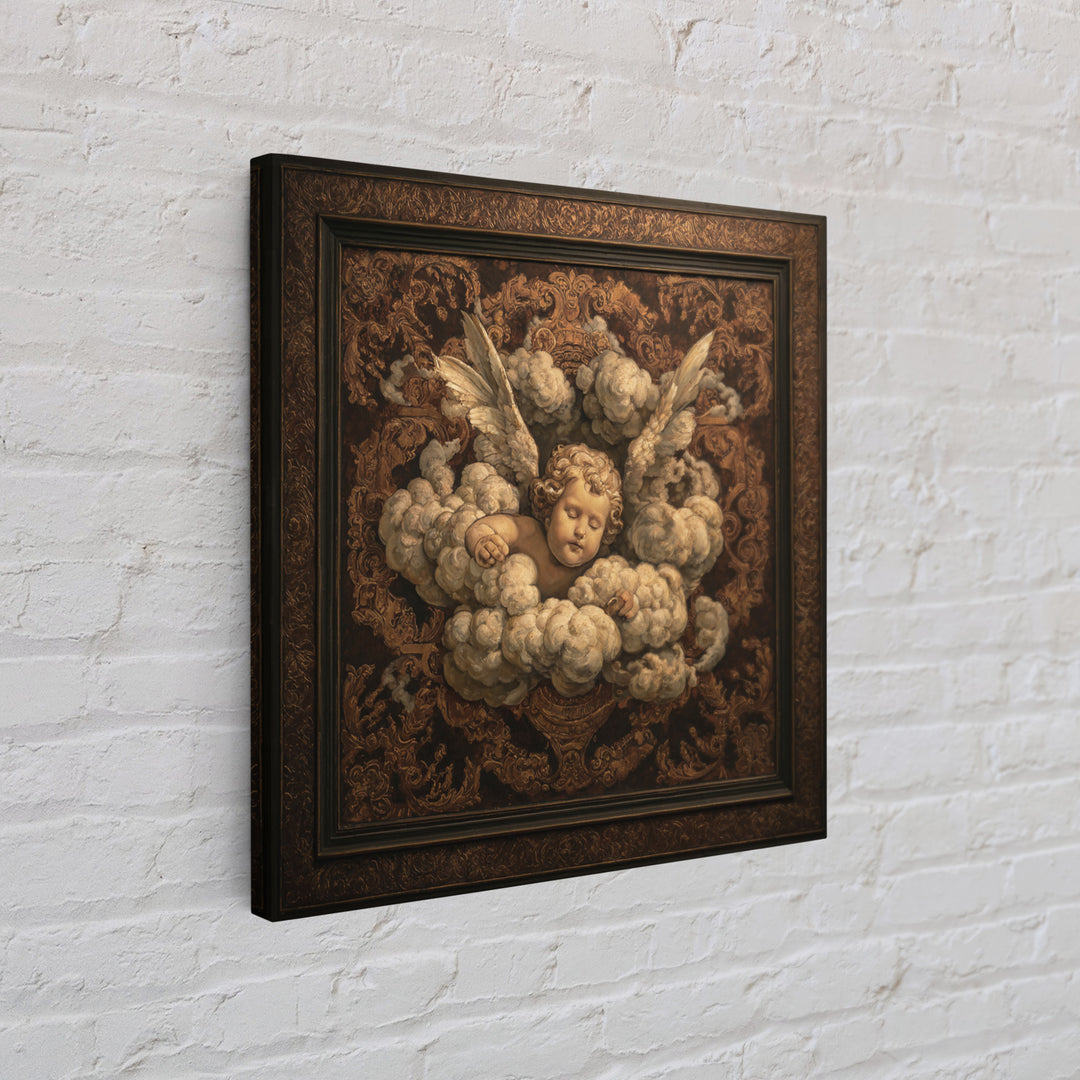 Ornate Cherub Figure Surrounded by Clouds and Canvas Print, Baroque Art, Moody Wall Art, Living Room Decor, Fine Art, Ornate, BAO-1x1-50