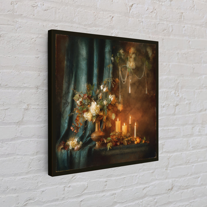 Velvet Drapery with Pearls Flowers and Candlelight Canvas Print, Baroque Art, Maximalist Decor, Living Room Decor, Ornate, BAO-1x1-51