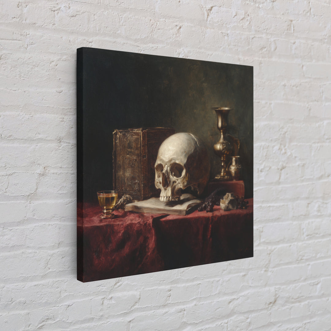 Skull and Hourglass Vanitas Still Life Framed Canvas Print, Baroque Art, Dark Academia Art, Living Room Decor, Fine Art, Ornate, BAO-1x1-53