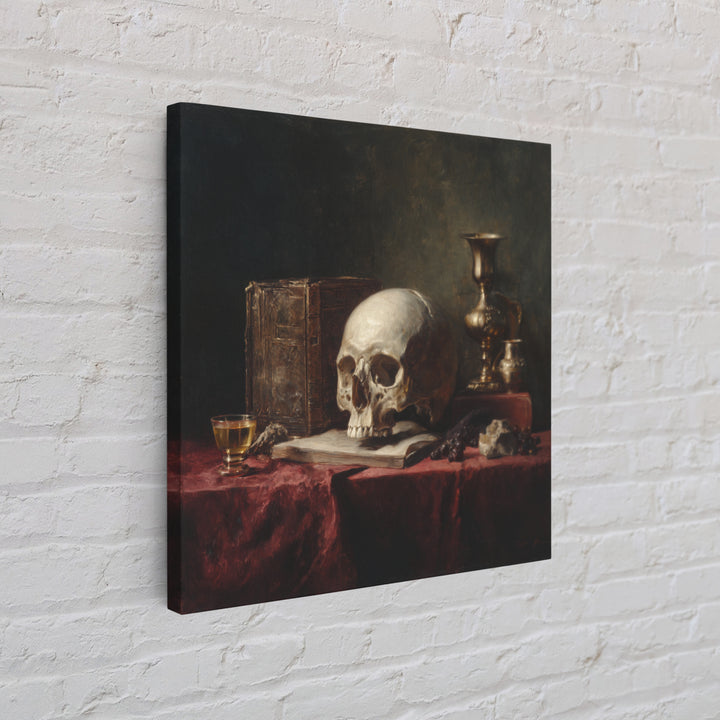Skull and Hourglass Vanitas Still Life Framed Canvas Print, Baroque Art, Dark Academia Art, Living Room Decor, Fine Art, Ornate, BAO-1x1-53