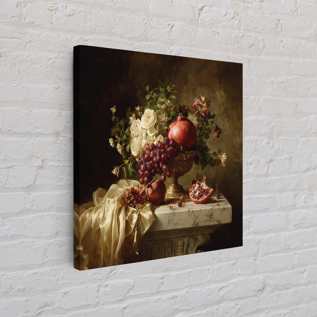 Pomegranate and Grapes on a Marble Ledge Framed Canvas Print, Baroque Art, Digital Wall Art, Living Room Decor, Ornate, BAO-1x1-56