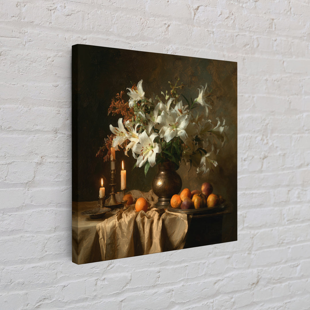 Dramatic White Lilies Canvas Print, Baroque Art, Portrait Painting, Living Room Decor, Fine Art, Ornate, Neutral Decor, BAO-1x1-60