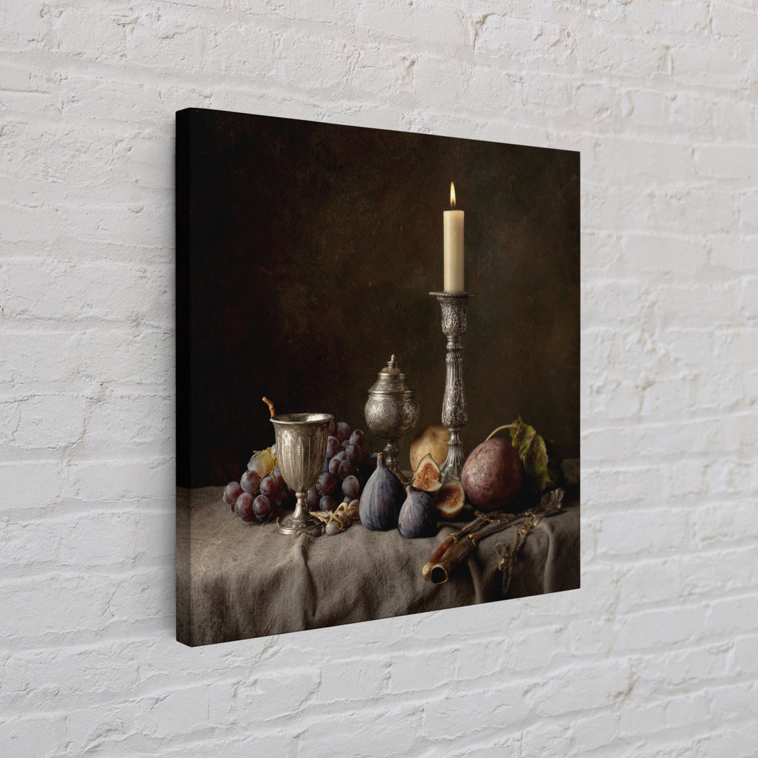 Candlelit Table with Silver Goblet and Figs Canvas Print, Baroque Art, Room Decor Aesthetic, Living Room Decor, Ornate, BAO-1x1-61