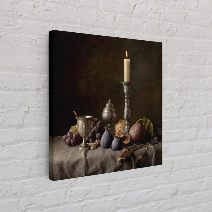Candlelit Table with Silver Goblet and Figs Canvas Print, Baroque Art, Room Decor Aesthetic, Living Room Decor, Ornate, BAO-1x1-61