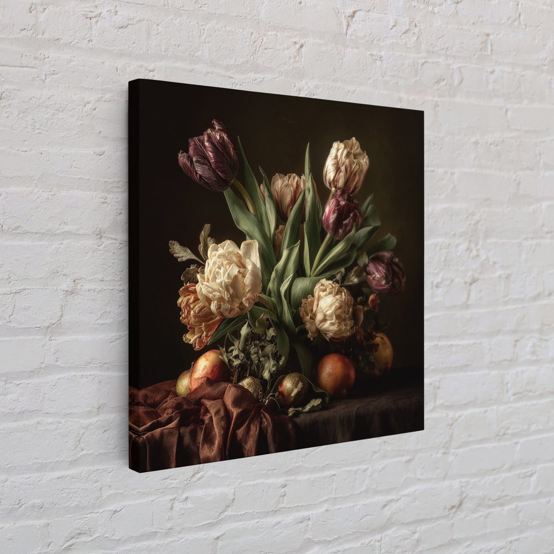 Black Background Tulips Framed Canvas Print, Baroque Art, Living Room Wall Art, Living Room Decor, Ornate, Art Nouveau Decor, BAO-1x1-64