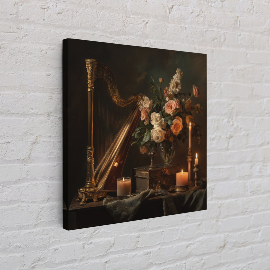 Golden Harp and Roses Framed Canvas Print, Baroque Art, Modern Wall Art, Living Room Decor, Abstract Art, Ornate, Feminist Art, BAO-1x1-66