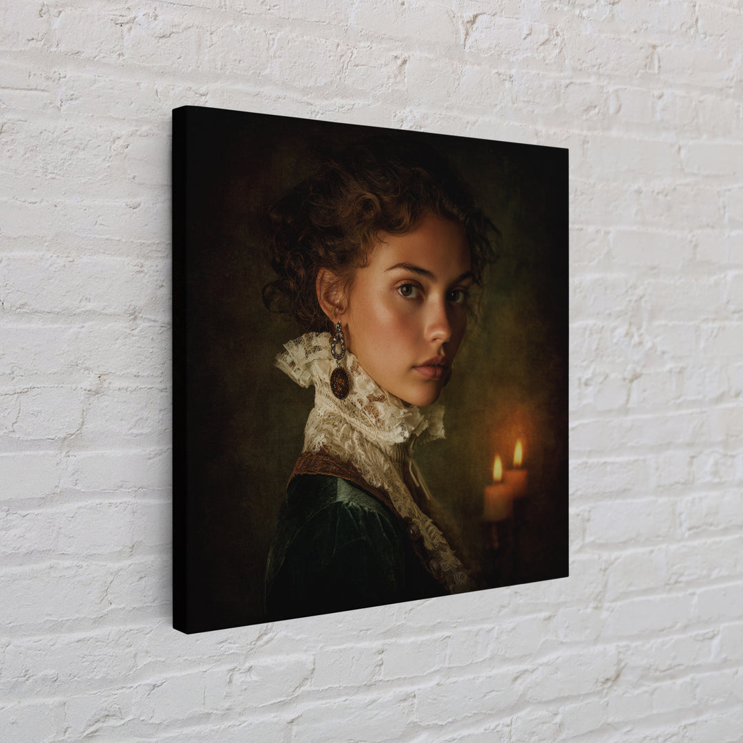 Classical Portrait with Lace Collar and Jewel Framed Canvas Print, Baroque Art, Oil Painting, Living Room Decor, Ornate, BAO-1x1-7
