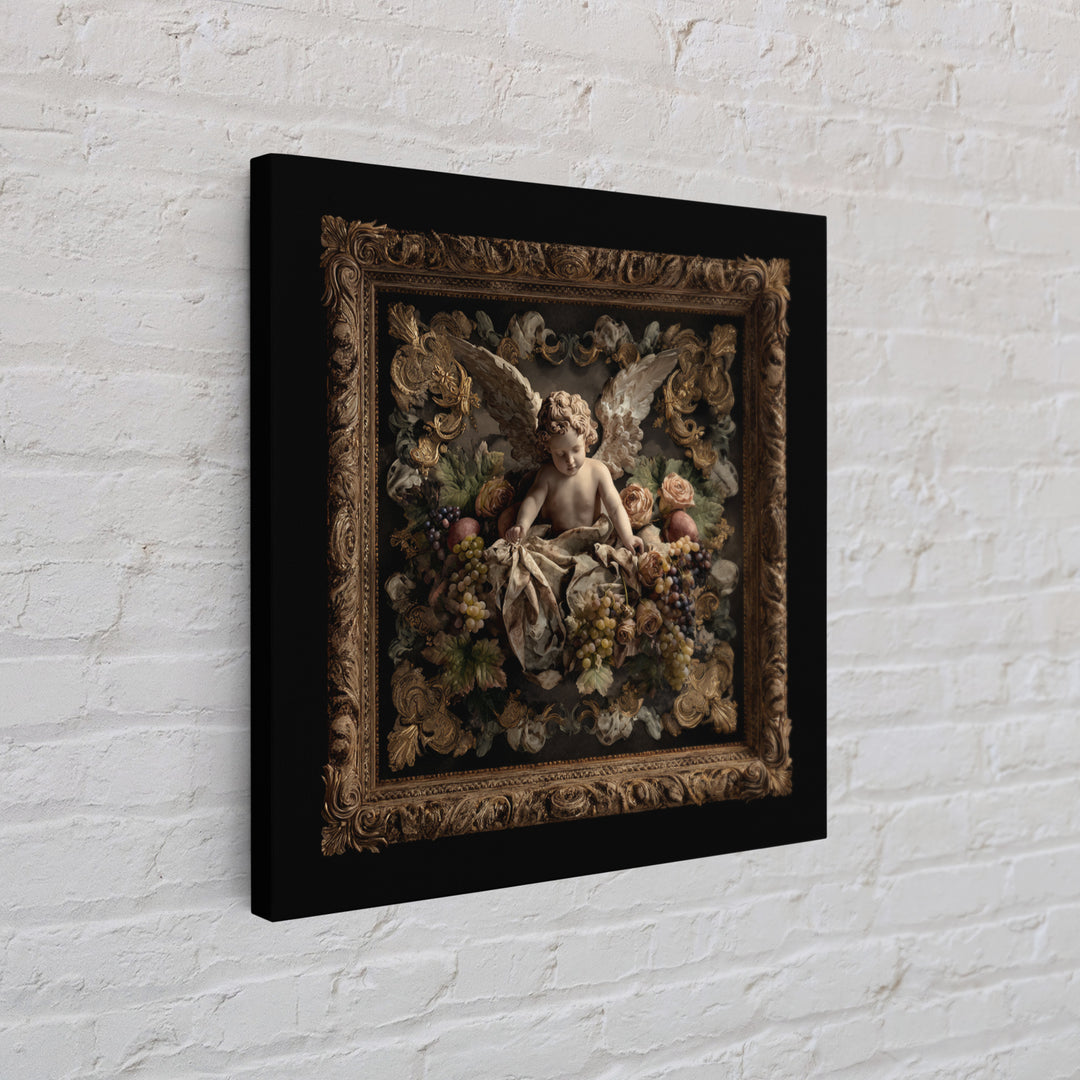 Ornate Cherub Figure Surrounded by Clouds and Canvas Print, Baroque Art, Dark Academia Art, Living Room Decor, Ornate, BAO-1x1-74