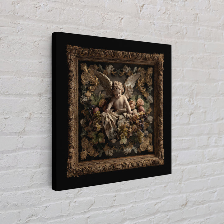 Ornate Cherub Figure Surrounded by Clouds and Canvas Print, Baroque Art, Dark Academia Art, Living Room Decor, Ornate, BAO-1x1-74
