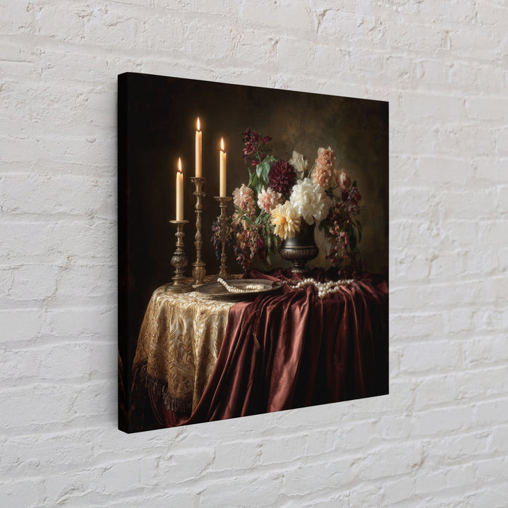 Velvet Drapery with Pearls Flowers and Candlelight Canvas Print, Baroque Art, Baroque, Living Room Decor, Fine Art, Ornate, BAO-1x1-75