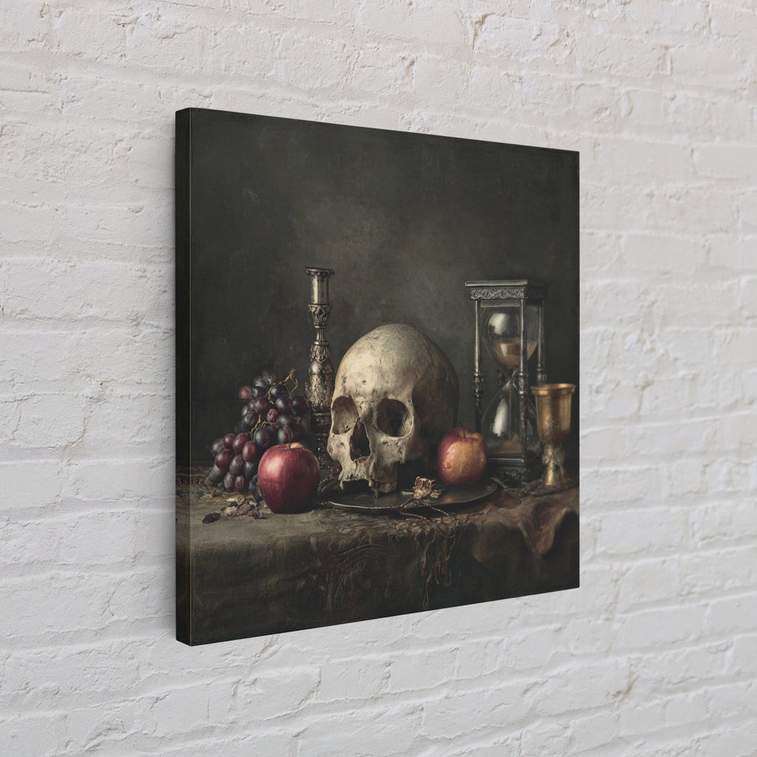 Skull and Hourglass Vanitas Still Life Canvas Print, Baroque Art, Art Nouveau Decor, Living Room Decor, Fine Art, Ornate, BAO-1x1-77