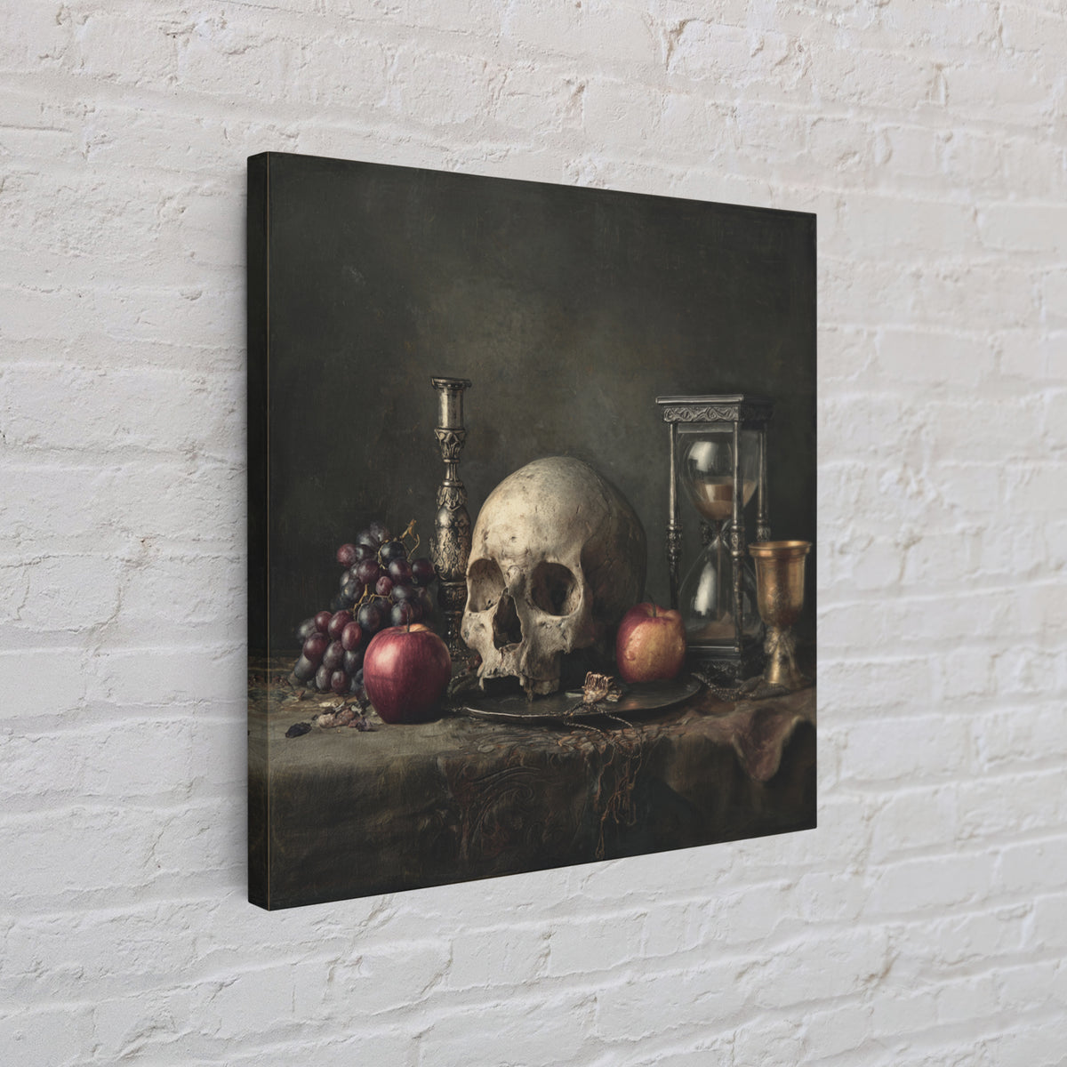 Skull and Hourglass Vanitas Still Life Canvas Print, Baroque Art, Art Nouveau Decor, Living Room Decor, Fine Art, Ornate, BAO-1x1-77