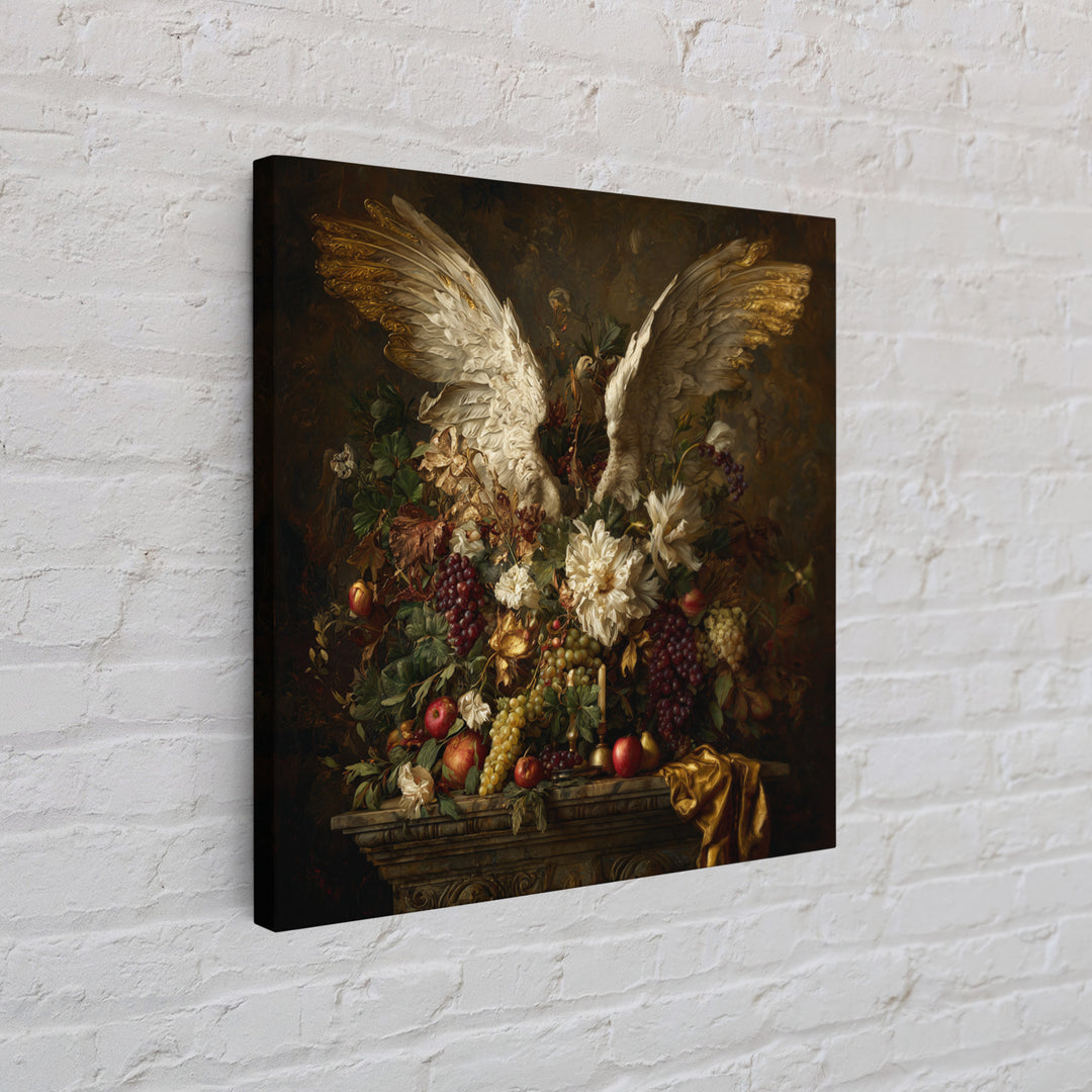 Gilded Angel Wings Emerging from Storm Clouds Framed Canvas Print, Baroque Art, Maximalist Decor, Living Room Decor, Ornate, BAO-1x1-78