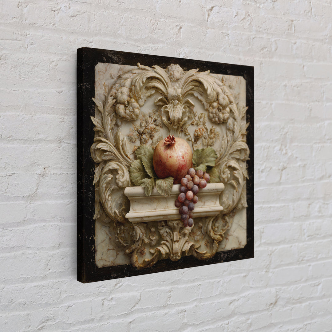 Pomegranate and Grapes on a Marble Ledge Framed Canvas Print, Baroque Art, Home Decor, Living Room Decor, Fine Art, Ornate, BAO-1x1-80