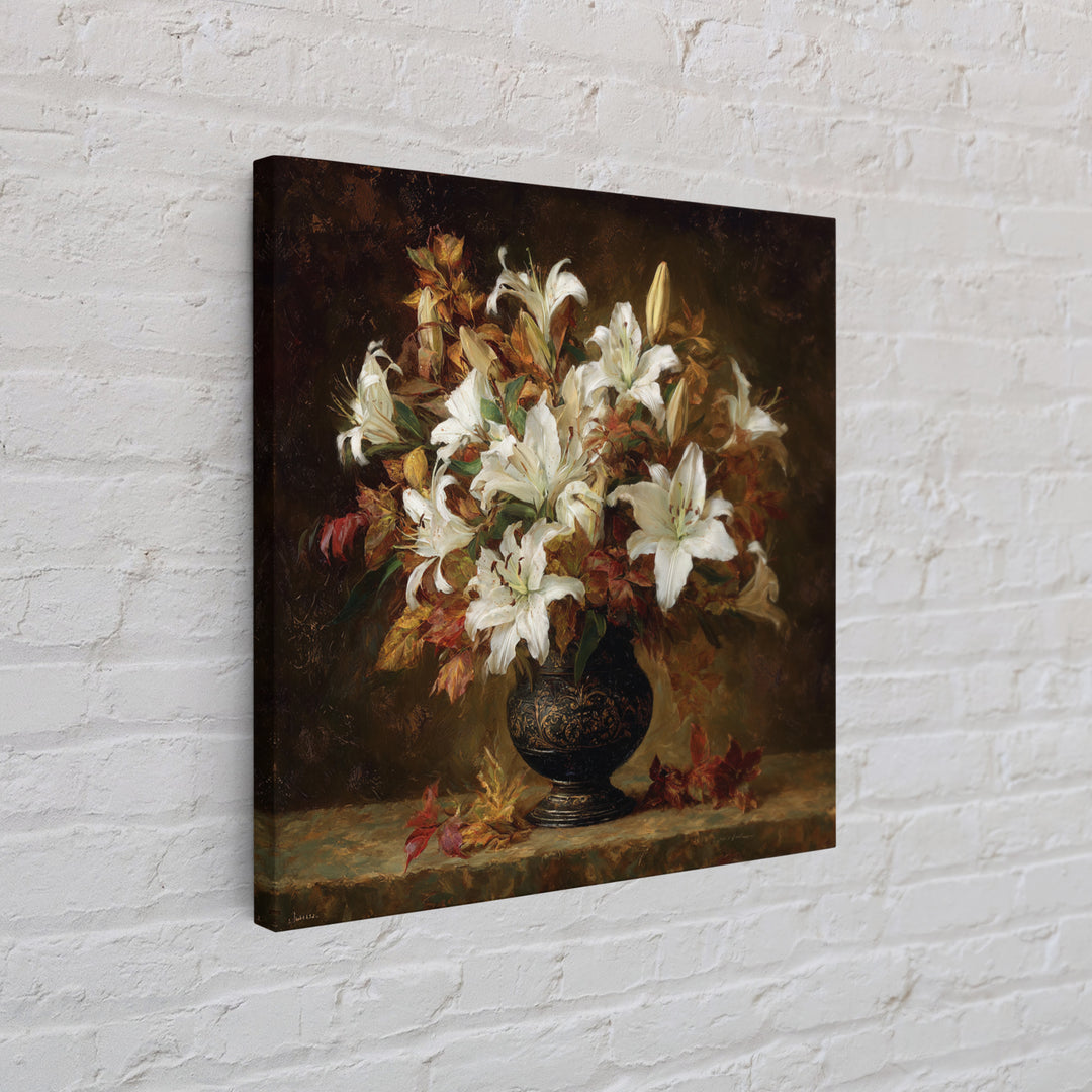 Dramatic White Lilies Framed Canvas Print, Baroque Art, Maximalist Wall Art, Living Room Decor, Abstract Art, Ornate, BAO-1x1-84