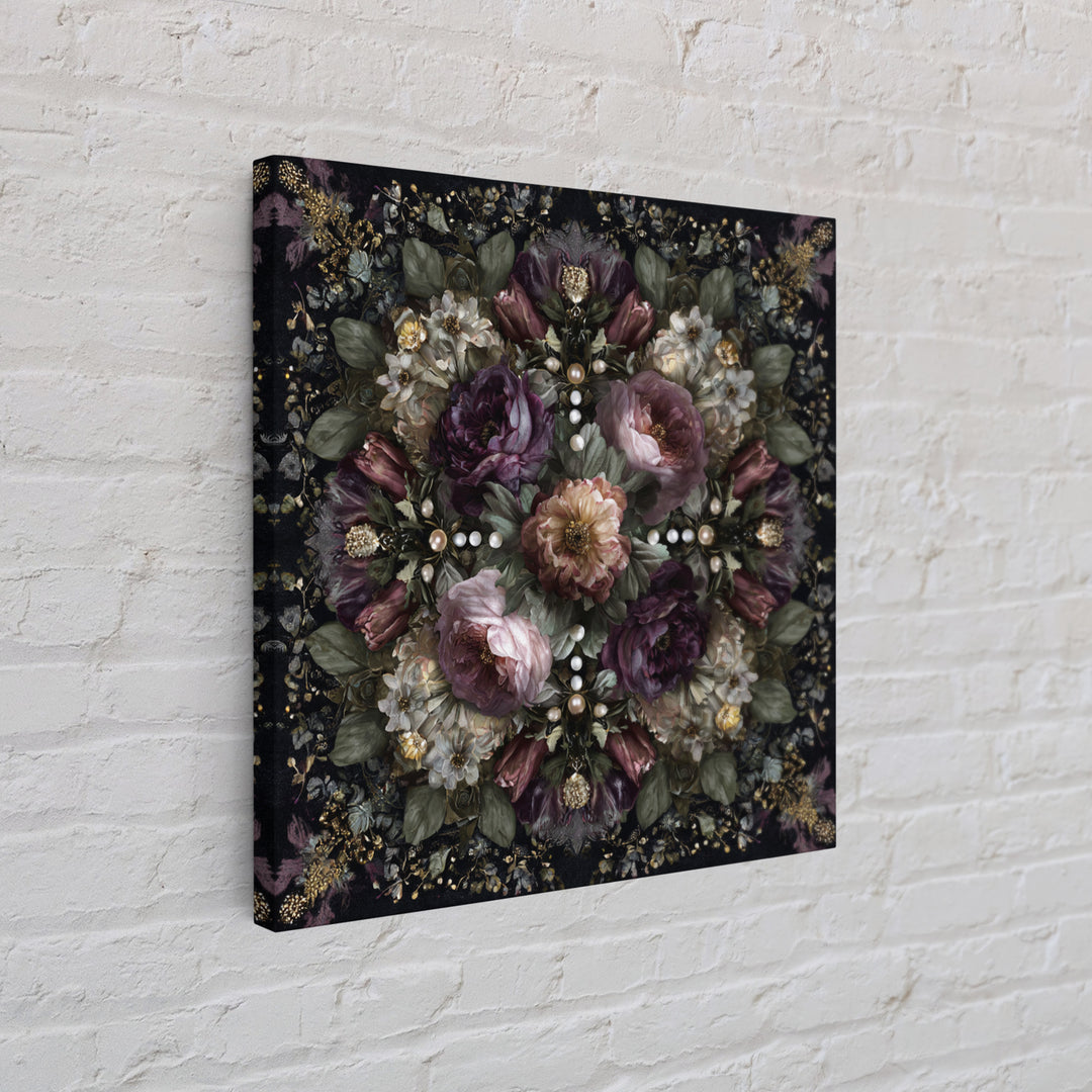 Velvet Drapery with Pearls Flowers and Candlelight Canvas Print, Baroque Art, Living Room Decor, Oil Painting, Ornate, BAO-1x1-99