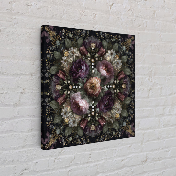 Velvet Drapery with Pearls Flowers and Candlelight Canvas Print, Baroque Art, Living Room Decor, Oil Painting, Ornate, BAO-1x1-99