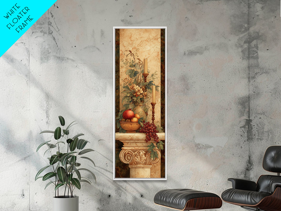 Pomegranate and Grapes on a Marble Ledge Framed Canvas Print, Baroque Art, Dark Academia Art, Living Room Decor, Ornate, BAO-1x3-20