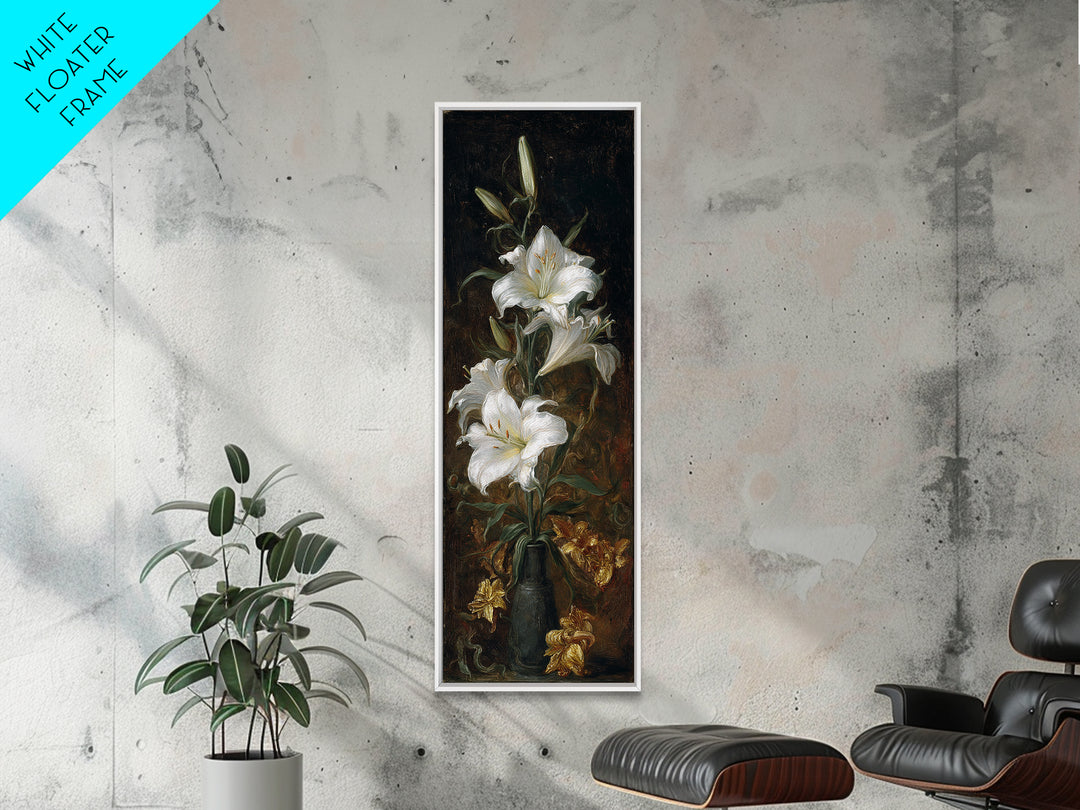 Dramatic White Lilies Framed Canvas Print, Baroque Art, Maximalist Decor, Living Room Decor, Fine Art, Ornate, Fine Art Print, BAO-1x3-24