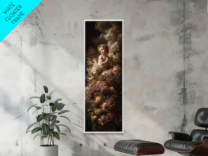 Ornate Cherub Figure Surrounded by Clouds and Framed Canvas Print, Baroque Art, Dark Academia Art, Living Room Decor, Ornate, BAO-1x3-62