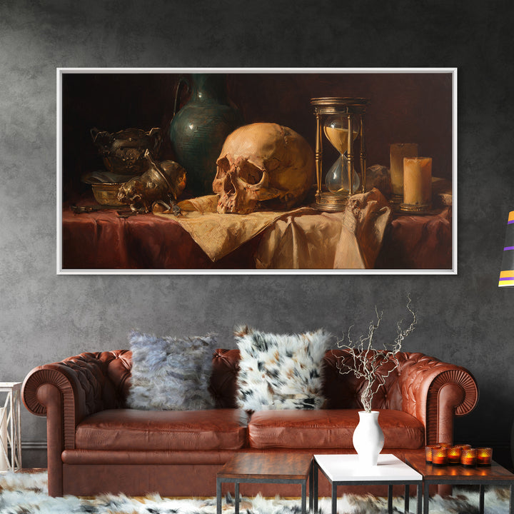 Skull and Hourglass Vanitas Still Life Framed Canvas Print, Baroque Art, Neutral Decor, Living Room Decor, Fine Art, Ornate, BAO-2x1-1