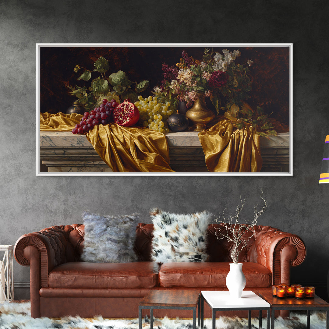 Pomegranate and Grapes on a Marble Ledge Framed Canvas Print, Baroque Art, Eclectic Wall Art, Living Room Decor, Ornate, BAO-2x1-100
